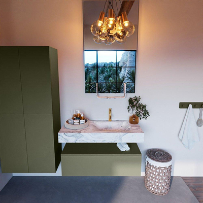 Mondiaz ALAN-DLUX Ensemble de meuble - 100cm - meuble Army mat - 1 tiroir - Lavabo Cloud Glace suspendu - vasque Droite - 1 trou de robinet