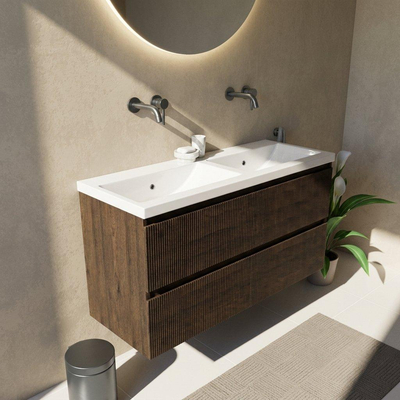 Saniclass Holz Atelier Ensemble de meubles de salle de bains - 120x45x63.5cm - lavabo en céramique Bari blanc - 2 vasques - sans trous de robinetterie - 2 tiroirs - chêne charcoal mat (bois)