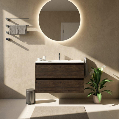 Saniclass Holz Pure Ensemble meuble de salle de bains - 100x45x61.5cm - Flow lavabo en solid surface blanc - 1 vasque - 1 trou de robinet - 2 tiroirs - chêne charcoal mat (bois)