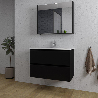 Adema Chaci Ensemble de meuble - 80x46x57cm - 1 vasque ovale en céramique blanche - 1 trou de robinet - 2 tiroirs - armoire de toilette - noir mat