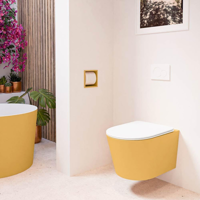 Mondiaz LAVIE hangtoilet – spoelrandloos – 36 x 53 cm – met softclose zitting – Ocher (geel), zitting Talc (wit)