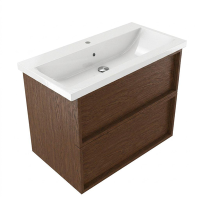 Saniclass Holz Frame Ensemble meuble de salle de bains - 100x45x63.5cm - Lavabo en céramique Bari blanc - 1 vasque - 1 trou de robinet - 2 tiroirs - walnut pure mat (bois)