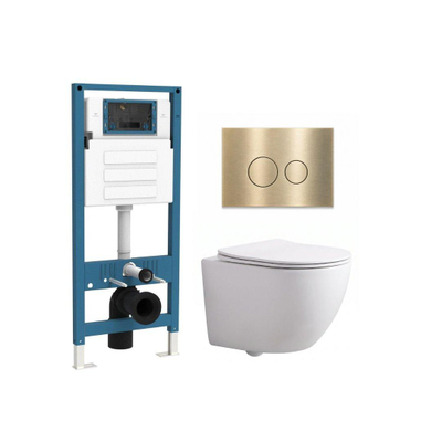 QeramiQ Dely Swirl Compact Toiletset - inbouwreservoir QeramiQ flush - slim zitting - metalen bedieningsplaat messing geborsteld (goud) - ronde knoppen - mat wit