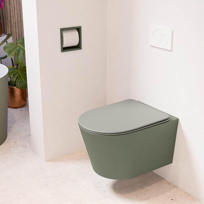 Mondiaz LAVIE hangtoilet – spoelrandloos – 36 x 53 cm – met softclose zitting – Army (groen), zitting Smoke (lichtbruin)