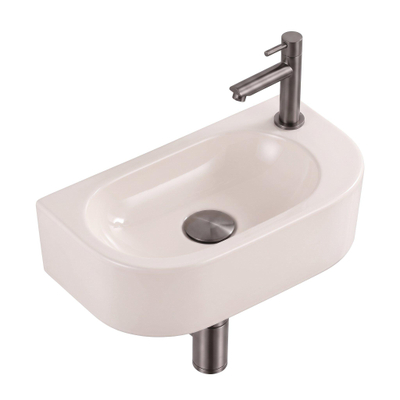 QeramiQ Fuente pack lave-mains – demi-rond – 40 x 22 x 12 cm – céramique lin – perçage à droite – robinet gunmetal