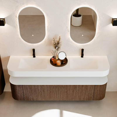 MONDIAZ THOR 180cm badmeubel ronding links + rechts kleur Walnut met 2 lades en 2 deuren. Vrijhangende wastafel CLOUD Dubbel 2 kraangaten kleur Talc.