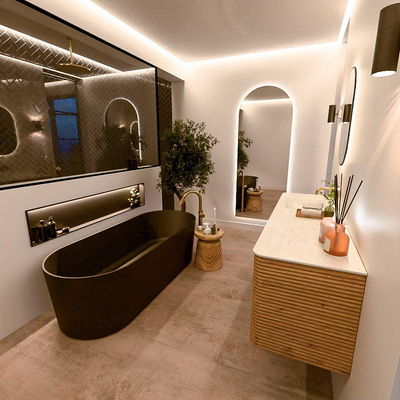 Mondiaz CIRO-DLUX Ensemble de meubles de salle de bains - 160x45x50cm - lavabo solid surface Opalo - 1 vasque à gauche - sans trous de robinet - 4 tiroirs - chêne