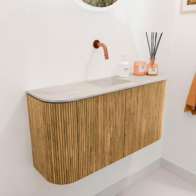 Mondiaz JOYA-DLUX 83.2cm toiletmeubel - ronding links en rechts kleur Oak - Wastafel FAYE positie Midden Zonder kraangat kleur Ostra.