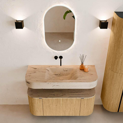 MONDIAZ THOR-DLUX 110cm badmeubel ronding links + rechts kleur Oak met 1 lade en 2 deuren. Vrijhangende wastafel CLOUD Midden zonder kraangat kleur Arena.