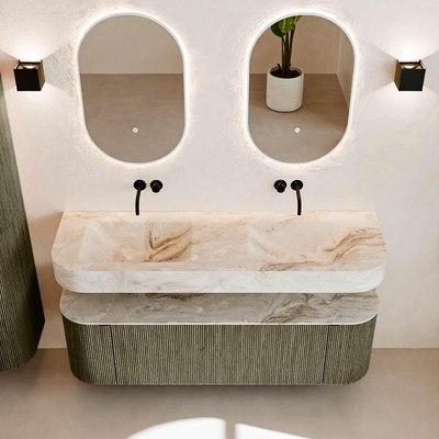 MONDIAZ THOR-DLUX 150cm meuble de salle de bains arrondi gauche + droite couleur Shadow avec 1 tiroir et 2 portes. Vasque suspendue CLOUD Double sans trou de robinet couleur Frappe.