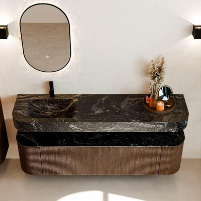 MONDIAZ THOR-DLUX Meuble de salle de bains 170cm arrondi gauche + droite couleur Walnut avec 1 tiroir et 2 portes. Vasque suspendue CLOUD Gauche 1 trou de robinet couleur Lava.