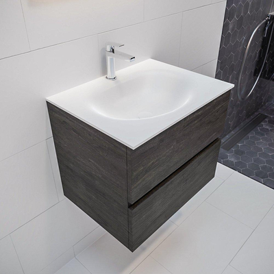 Mondiaz VICAB meuble de salle de bain - 60cm - meuble sous-vasque marron foncé - 2 tiroirs - lavabo lune milieu - 1 trou de robinet version XL 60cm de haut