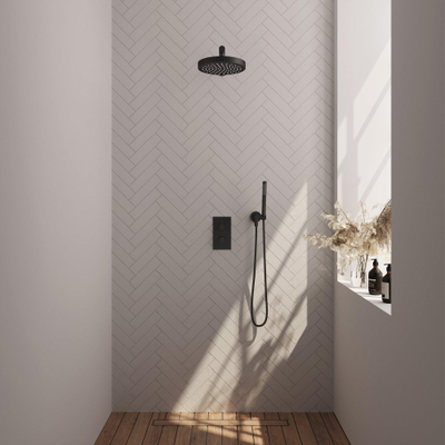 BRAUER Stripe Douche de tête thermostatique encastrable - 3 voies - rectangulaire - SET 13 - pomme de douche 25cm - bras mural droit - douchette sur barre - flexible de douche - coude de raccordement mural - noir mat