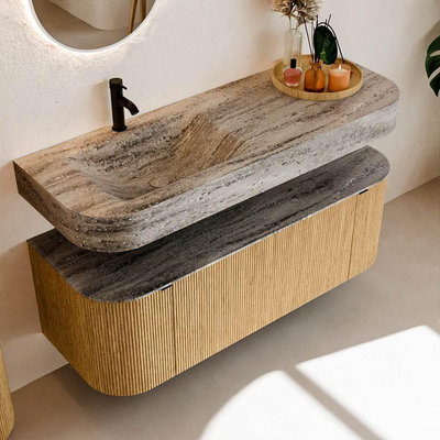 MONDIAZ THOR-DLUX 130cm badmeubel ronding links + rechts kleur Oak met 1 lade en 2 deuren. Vrijhangende wastafel CLOUD Links 1 kraangat kleur Oza.