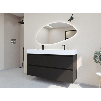 HR Infinity XXL ensemble de meubles de salle de bain 3d 140 cm 2 vasques en céramique kube blanc 2 trous de robinet 4 tiroirs noir mat