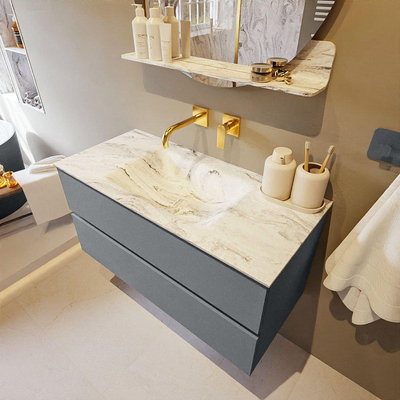 Mondiaz VICA-DLUX Ensemble de meuble de salle de bain - 100cm - meuble sous-vasque plata - 2 tiroirs - lavabo encastrée cloud milieu - sans trous de robinet - version haute de 60cm - glace