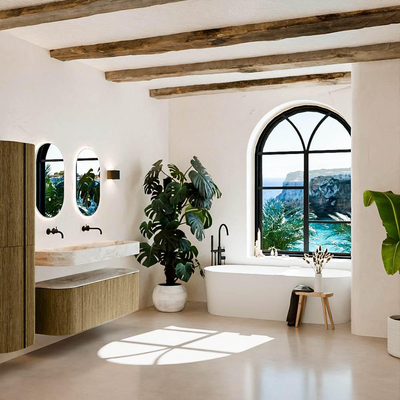 MONDIAZ THOR-DLUX Meuble de salle de bains - 140cm - arrondi gauche + droite - couleur Dusk - 1 tiroir et 2 portes - Vasque suspendue CLOUD Double sans trou de robinet - couleur Frappe