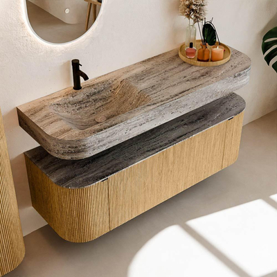 MONDIAZ THOR-DLUX 140cm badmeubel ronding links + rechts kleur Oak met 1 lade en 2 deuren. Vrijhangende wastafel CLOUD Links 1 kraangat kleur Oza.