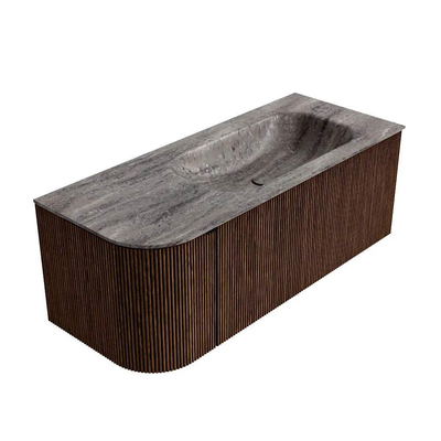 MONDIAZ KURVE-DLUX Meuble de salle de bains 115cm arrondi à gauche couleur Walnut avec 1 tiroir et 1 porte. Lavabo BIG SMALL à droite 1 trou de robinet Oza.