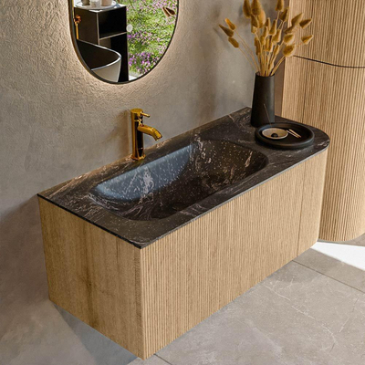 MONDIAZ KURVE-DLUX 105cm Meuble salle de bain avec module 25 D - couleur Oak - 1 tiroir - 1 porte - vasque BIG SMALL gauche - 1 trou de robinet - couleur Lava