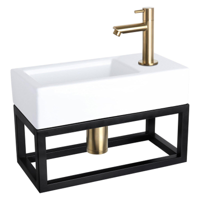 Differnz Ravo kit lave-mains - 38.5x18.5x25cm - Rectangulaire - 1 trou de robinet - Robinet droit mat doré - avec cadre noir - Céramique blanche
