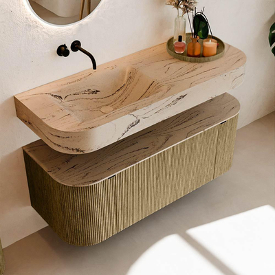 MONDIAZ THOR-DLUX 120cm meuble de salle de bains arrondi gauche + droite couleur Dusk avec 1 tiroir et 2 portes. Vasque suspendue CLOUD Gauche sans trou de robinet couleur Arena.