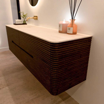 Mondiaz CIRO-DLUX Meuble de salle de bains - 170x45x50cm - Plan vasque Solid surface Meli - 1 lavabo à gauche - sans trous de robinetterie - 4 tiroirs - Noyer