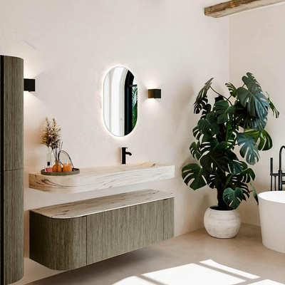 MONDIAZ THOR-DLUX 140cm meuble de salle de bains arrondi gauche + droite couleur Shadow avec 1 tiroir et 2 portes. Vasque suspendue CLOUD droite 1 trou de robinet couleur Nata.