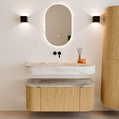 MONDIAZ THOR-DLUX 110cm meuble de salle de bains arrondi gauche + droite couleur Oak avec 1 tiroir et 2 portes. Vasque suspendue CLOUD Milieu sans trou de robinet couleur Frappe.