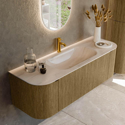 MONDIAZ KURVE-DLUX Meuble de salle de bains 140cm arrondi Gauche + Droite couleur Dusk avec 1 tiroir et 2 portes. Lavabo BIG SMALL Central 1 trou de robinet Meli.