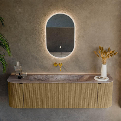 MONDIAZ KURVE-DLUX Meuble de salle de bains 160cm arrondi Gauche + Droite couleur Dusk avec 1 tiroir et 2 portes. Lavabo BIG MEDIUM Milieu sans trou de robinet Oza.