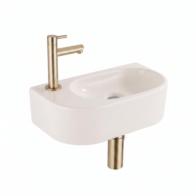 QeramiQ Fuente Fontein - 40x22x12cm - glad - halfrond - fonteinkraangat links - keramiek - fonteinkraan geborsteld messing - verlaagd sifon - afvoerplug - linnen
