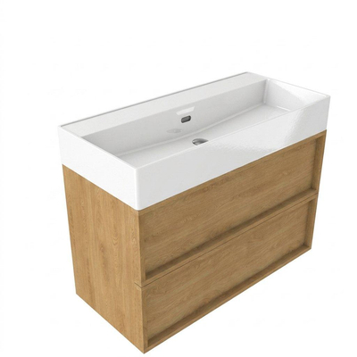 Saniclass Holz Frame Ensemble meuble de salle de bains - 100x45x72cm - Legend lavabo en céramique blanc - 1 vasque - sans trou de robinet - 2 tiroirs - chêne natural mat (bois)