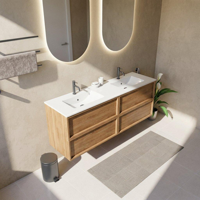 Saniclass Holz Frame Ensemble de meubles de salle de bains - 160x45x62cm - Vasque Vygo en céramique blanche - 2 lavabos - 2 trous de robinetterie - 4 tiroirs - chêne natural mat (bois)