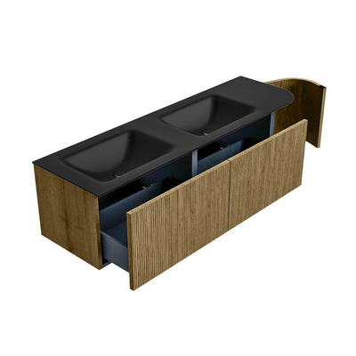 Mondiaz KURVE Badkamermeubelset - 155x46x40cm - 2 lade - 1 deur - wastafel solid surface - dubbel / links - 2 kraangaten - Dusk