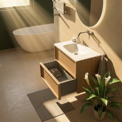 Saniclass Holz Frame Ensemble de meubles de salle de bains - 80x45x61.5cm - Flow lavabo en solid surface blanc - 1 vasque - sans trou de robinetterie - 2 tiroirs - chêne natural mat (bois)