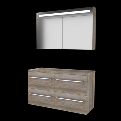 Basic-Line Premium 46 ensemble de meubles de salle de bain 120x46cm avec poignées 4 tiroirs plan vasque armoire de toilette éclairage led intégré mfc scotch oak