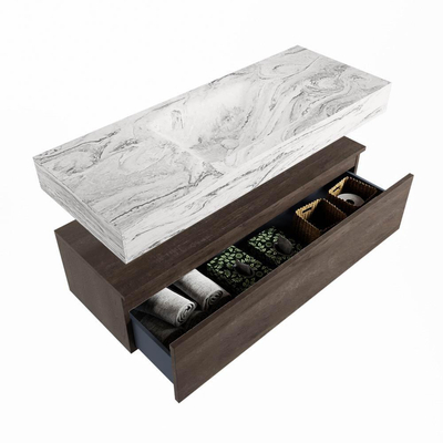Mondiaz ALAN-DLUX Ensemble de meuble de salle de bain - 80x46cm - 1 tiroir - vasque suspendue - sans trous de robinetterie - 1 au centre - Dark Brown (chêne foncé)