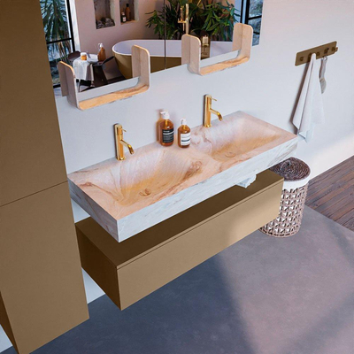 Mondiaz ALAN-DLUX Ensemble de meuble - 120cm - meuble Oro mat - 1 tiroir - Lavabo Cloud Frappe suspendu - vasque Gauche et droite - 2 trous de robinet