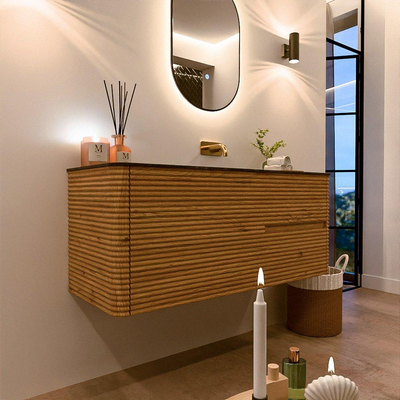 Mondiaz CIRO-DLUX Badkamermeubelset - 120x45x50cm - Solid surface wastafel Lava - 1 wasbak Rechts - zonder kraangaten - 2 lades - Oak