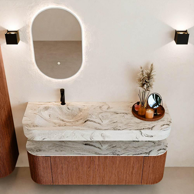 MONDIAZ THOR-DLUX 140cm meuble de salle de bains arrondi gauche + droite couleur Ruby avec 1 tiroir et 2 portes. Vasque suspendue CLOUD Gauche 1 trou de robinet couleur Glace.