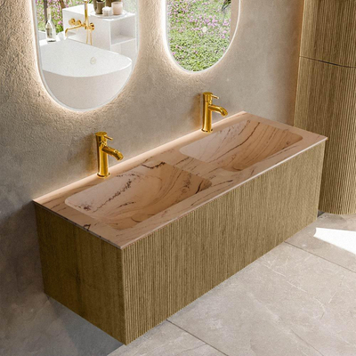 MONDIAZ KURVE-DLUX Meuble de salle de bains 120 cm couleur Dusk avec 1 tiroir et 0 porte. Lavabo LEAF Double 2 trous de robinet Arena.