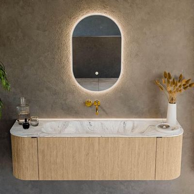 MONDIAZ KURVE-DLUX meuble de salle de bains 150cm avec module 25 Len R couleur Chêne avec 1 tiroir et 2 portes. Vasque BIG MEDIUM centrée sans trou de robinet couleur Glace.