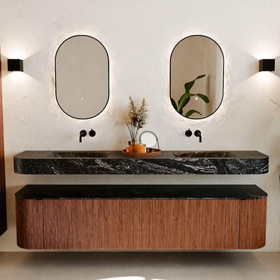 MONDIAZ THOR-DLUX 200cm meuble de salle de bains arrondi gauche + droite couleur Ruby avec 2 tiroirs et 2 portes. Vasque suspendue CLOUD Double sans trou de robinet couleur Lava.