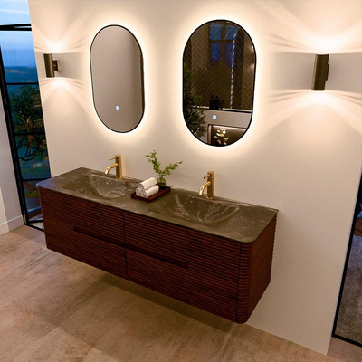 Mondiaz CIRO-DLUX Badkamermeubelset - 160x45x50cm - Solid surface wastafel Lava - 2 wasbak Dubbel - 2 kraangaten - 4 lades - Ruby