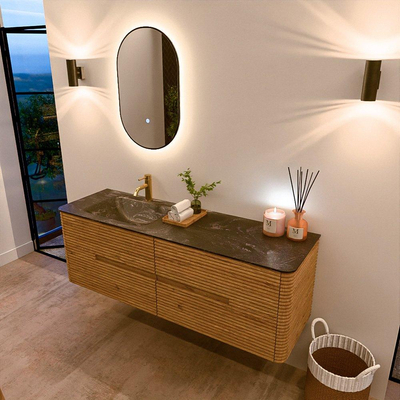 Mondiaz CIRO-DLUX Ensemble de meubles de salle de bains - 150x45x50cm - lavabo solid surface Lava - 1 vasque à gauche - 1 trou de robinet - 4 tiroirs - Chêne