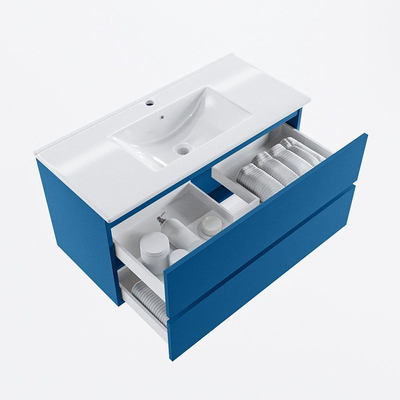 Mondiaz VICA Ensemble de meuble de salle de bain - 100cm - meuble sous-vasque jeans - 2 tiroirs - lavabo denia milieu - 1 trou de robinet - version haute de 60cm - blanc brillant