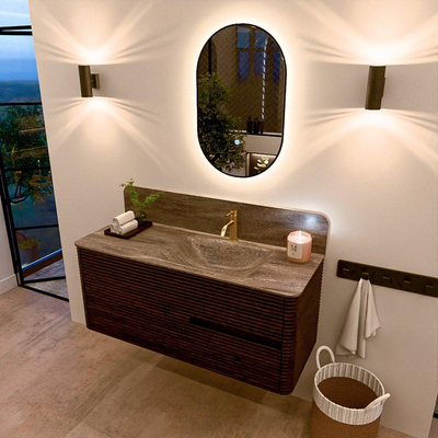 Mondiaz CIRO-DLUX Badkamermeubelset - 120x45x50cm - Solid surface wastafel Oza - 1 wasbak Rechts - 1 kraangat - 2 lades - Walnut