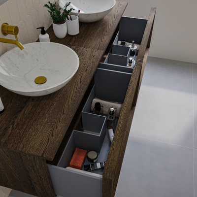 Saniclass Holz Frame Badkamermeubelset - 160x45x42cm - houten topblad - zonder kraangat - 2 lades - mat eiken charcoal (hout)