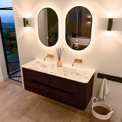 Mondiaz CIRO-DLUX Ensemble de meubles de salle de bains - 130x45x50cm - lavabo en solid surface Glace - 2 vasques double - sans trous de robinet - 4 tiroirs - Noyer